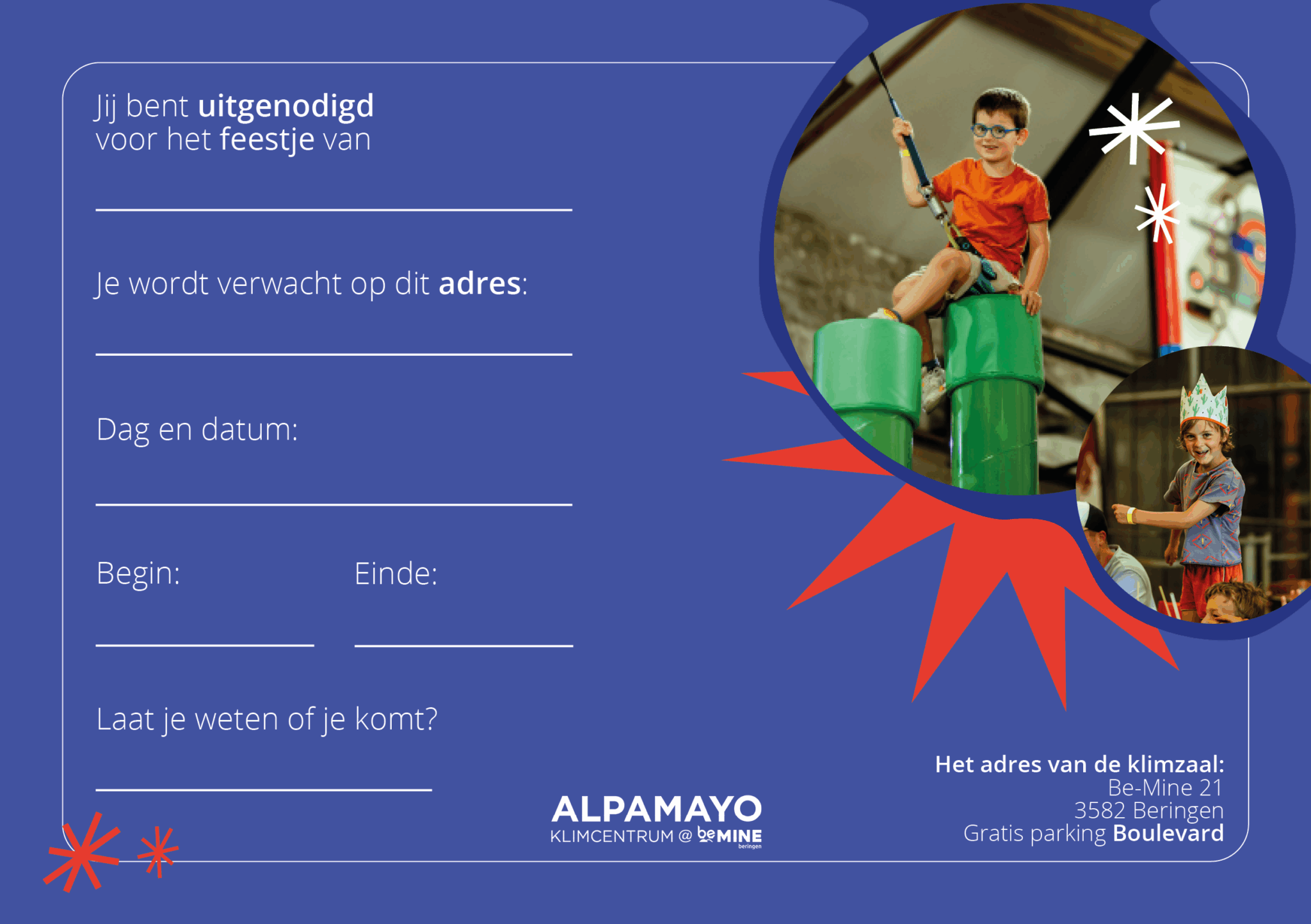 Maak je kinderfeestje compleet! Download onze vrolijke uitnodiging en nodig al je vriendjes uit voor een klimavontuur om nooit te vergeten.