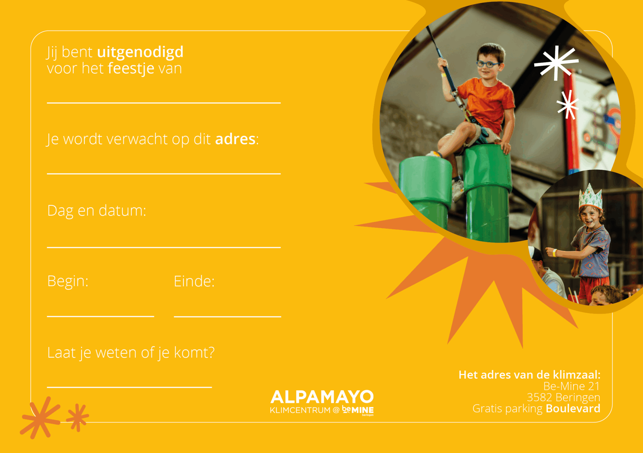 Maak je kinderfeestje compleet! Download onze vrolijke uitnodiging en nodig al je vriendjes uit voor een klimavontuur om nooit te vergeten.