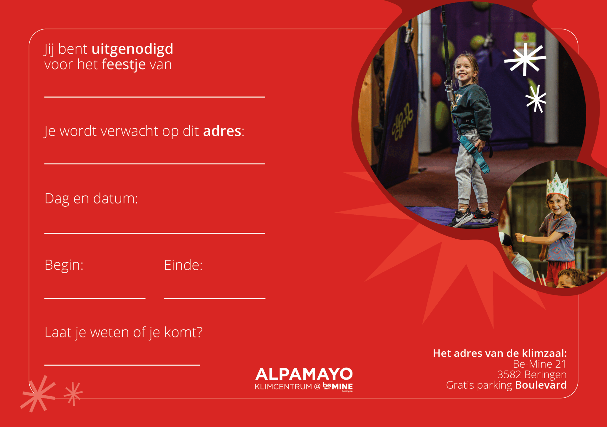 Maak je kinderfeestje compleet! Download onze vrolijke uitnodiging en nodig al je vriendjes uit voor een klimavontuur om nooit te vergeten.