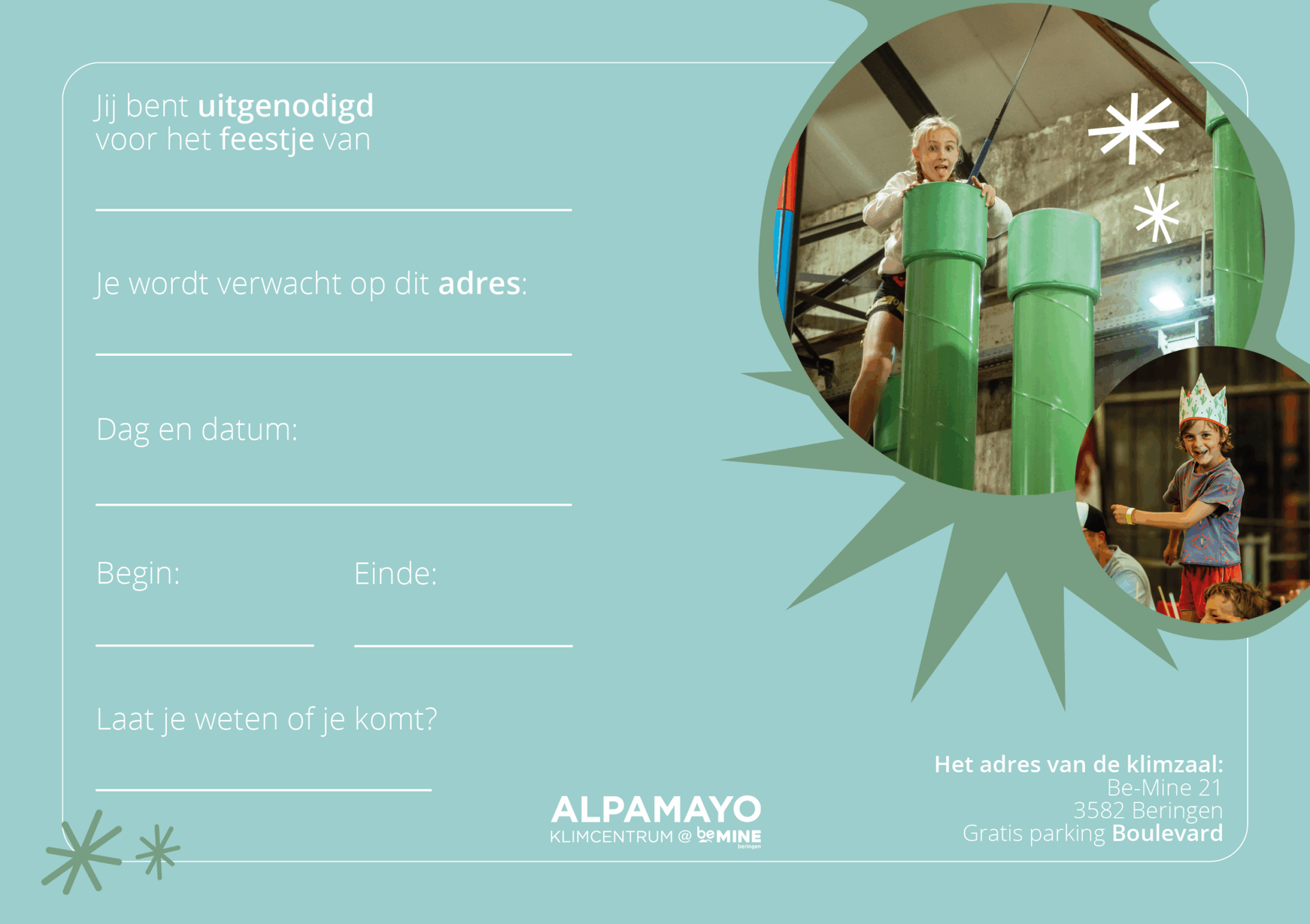 Maak je kinderfeestje compleet! Download onze vrolijke uitnodiging en nodig al je vriendjes uit voor een klimavontuur om nooit te vergeten.